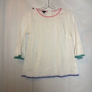Talbots Petite Small White Cotton Blend Bell Sleeve Embroidered Top Blouse Artsy